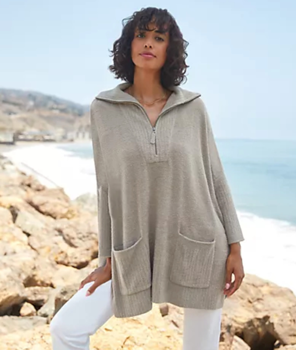 BAREFOOT DREAMS DARK KHAKI COZYCHIC LITE HALF ZIP ROLLED EDGE TUNIC SWEATER 1X
